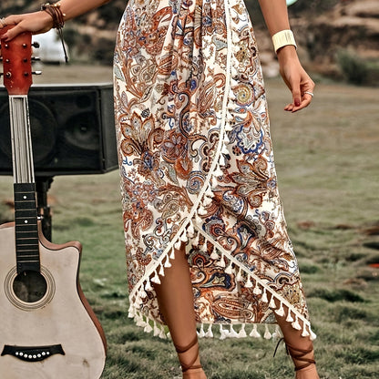 Damen Midirock Boho Wickelstil mit Paisley-Muster und Quasten für Freizeit und Festivals