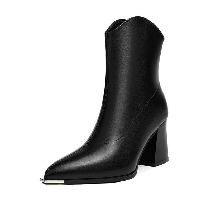 Damen Stiefelette Schwarz Spitz mit Metallspitze Blockabsatz