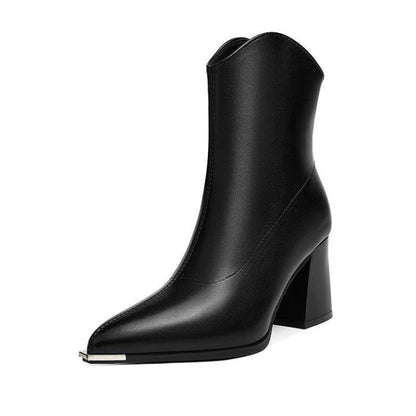 Damen Stiefelette Schwarz Spitz mit Metallspitze Blockabsatz