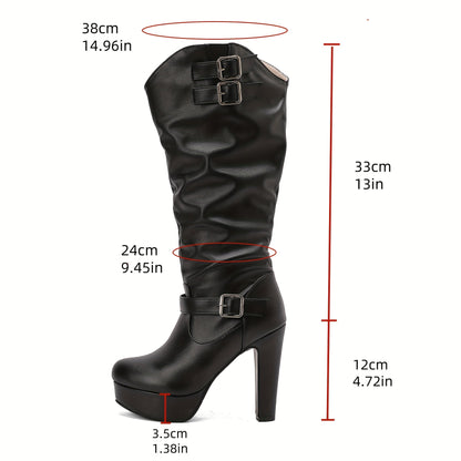 Damen Plateau Stiefel Weiß Kniehoch mit Blockabsatz Schnallen
