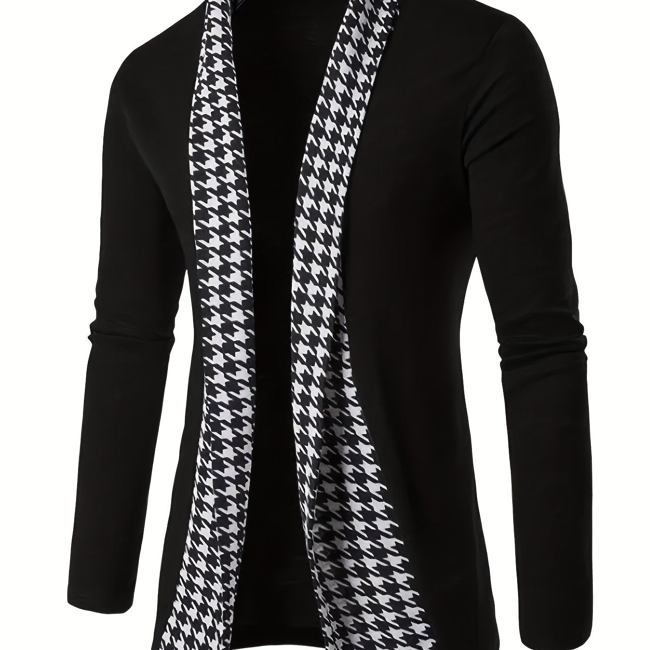Herren Cardigan Schwarz mit Hahnentritt-Muster Offene Vorderseite