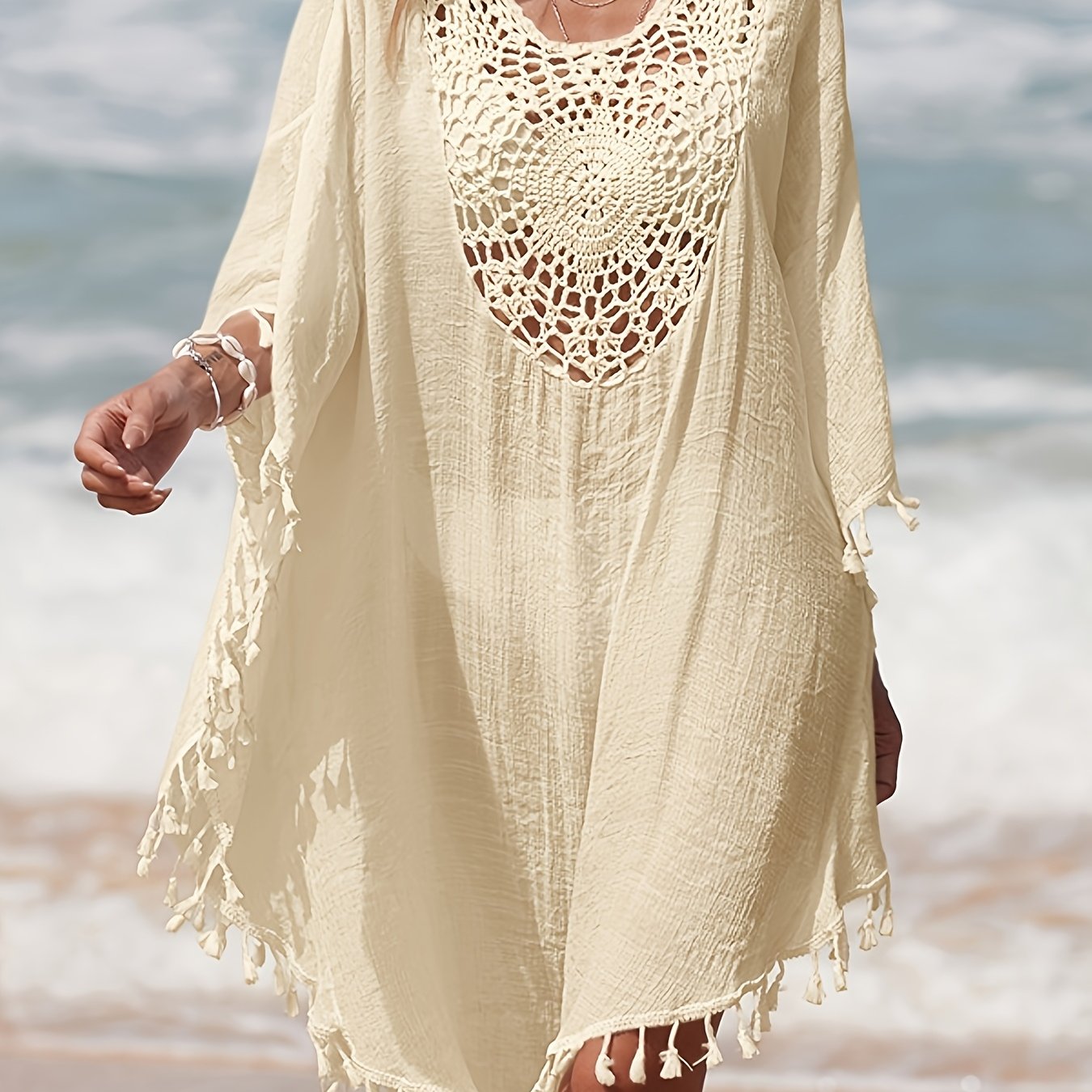 Damen Strand Kaftan Poncho mit Häkel-Details und Quasten – Perfekte Strandmode Cover-Up