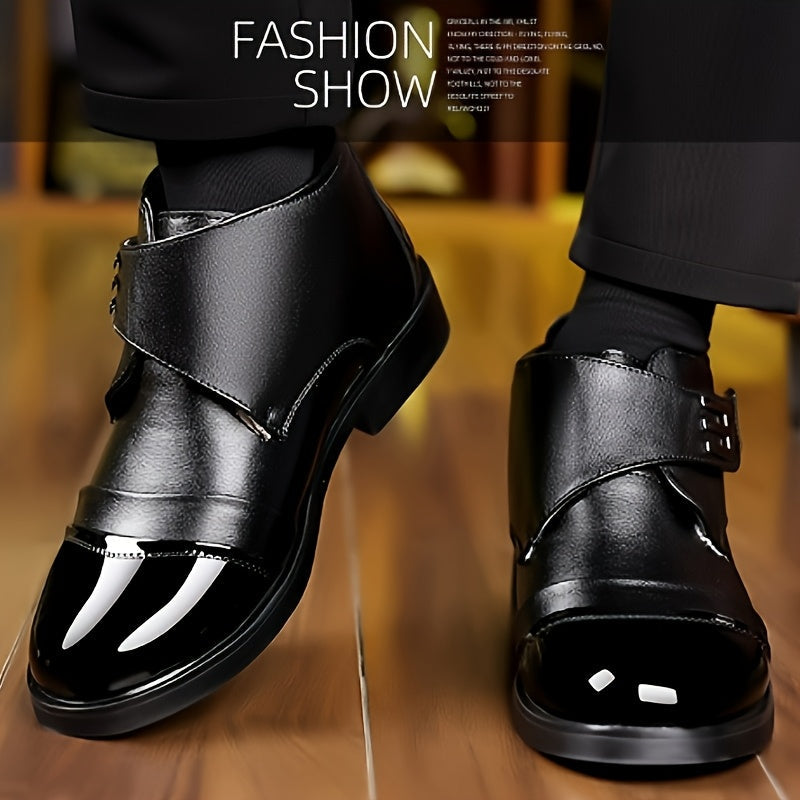 Herren Stiefeletten Schwarz Glänzende Spitze Flacher Absatz Klettverschluss