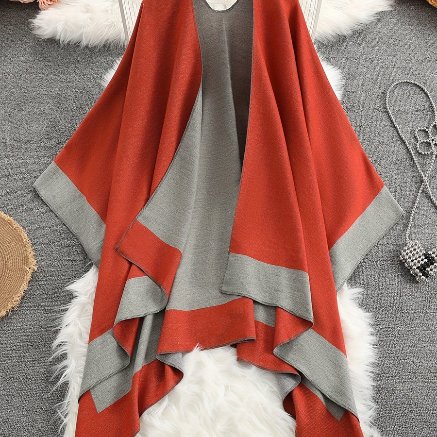 Damen Poncho Cape mit offenem Vorderteil und geometrischem Muster – Boho Stil für Alltag und Freizeit