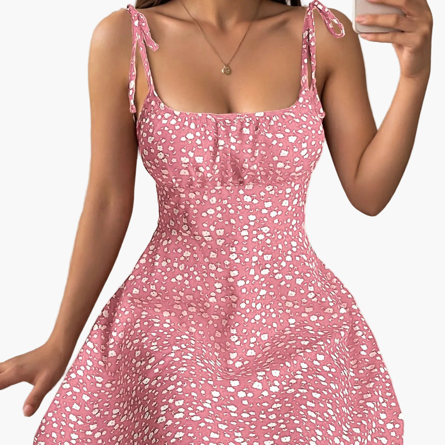Damen Sommerkleid mit Blumendruck und Schleifen-Trägern – Verspieltes Freizeitkleid für Alltag und Urlaub