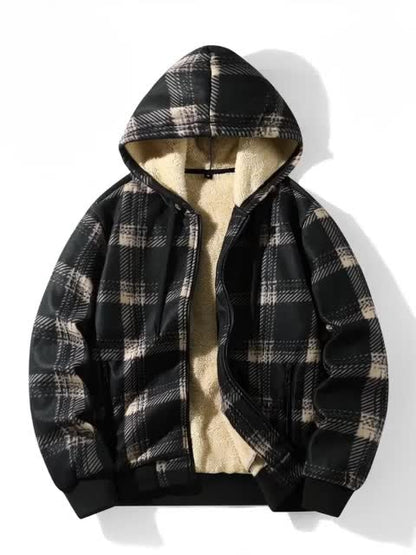 Karierte Kapuzenjacke mit warmem Fleecefutter für Herren, Schwarz-Beige
