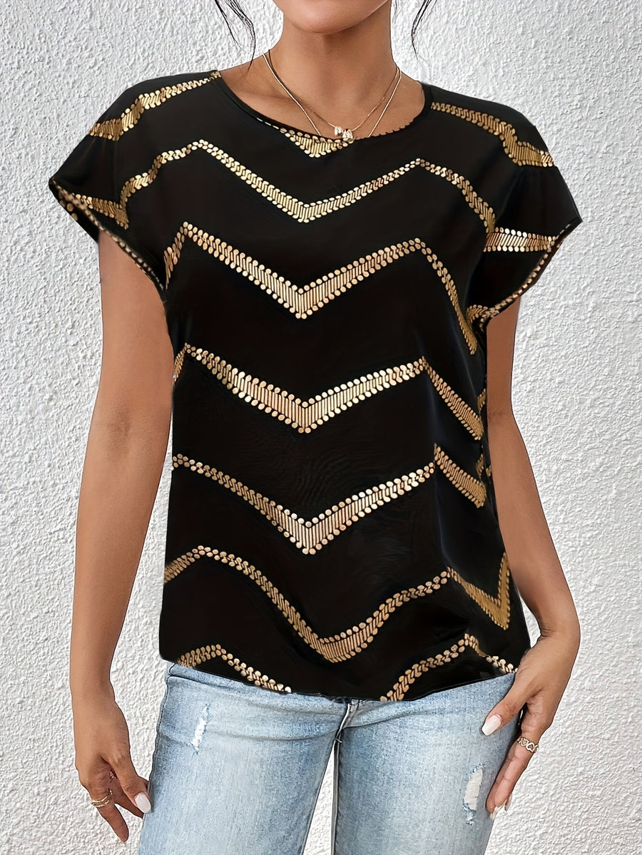 Damen Elegantes Batwing Top mit Metallic-Zickzackmuster für Alltag und Party