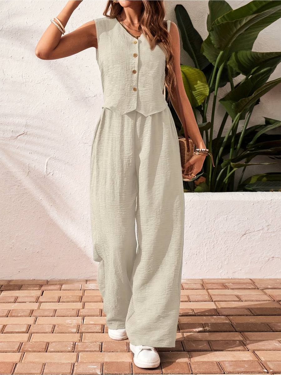 Damen Eleganter Zweiteiler Jumpsuit mit Weste und Weiten Hosen – Freizeit & Sommer Outfit