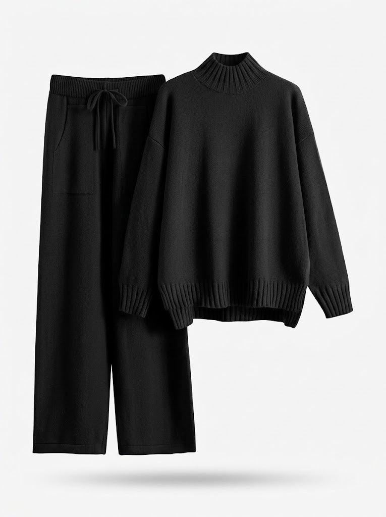 Damen Loungewear-Set aus Strick mit Rollkragenpullover & weiter Hose in Blau