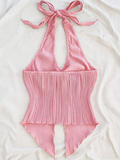 Damen Halterneck Top mit Plissee und Schlüsselloch-Detail – Modisches Ausgeh- und Party-Oberteil