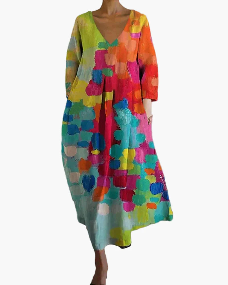 Damen Boho Maxikleid mit V-Ausschnitt – Künstlerischer Freizeit-Look für Alltag & Events