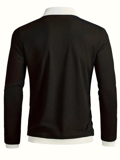 Herren V-Ausschnitt Langarmshirt Schwarz mit Kragenoptik