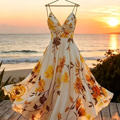 Damen Maxi Kleid mit Blumenmuster und schwingendem Rock – Eleganter Boho Stil für besondere Anlässe