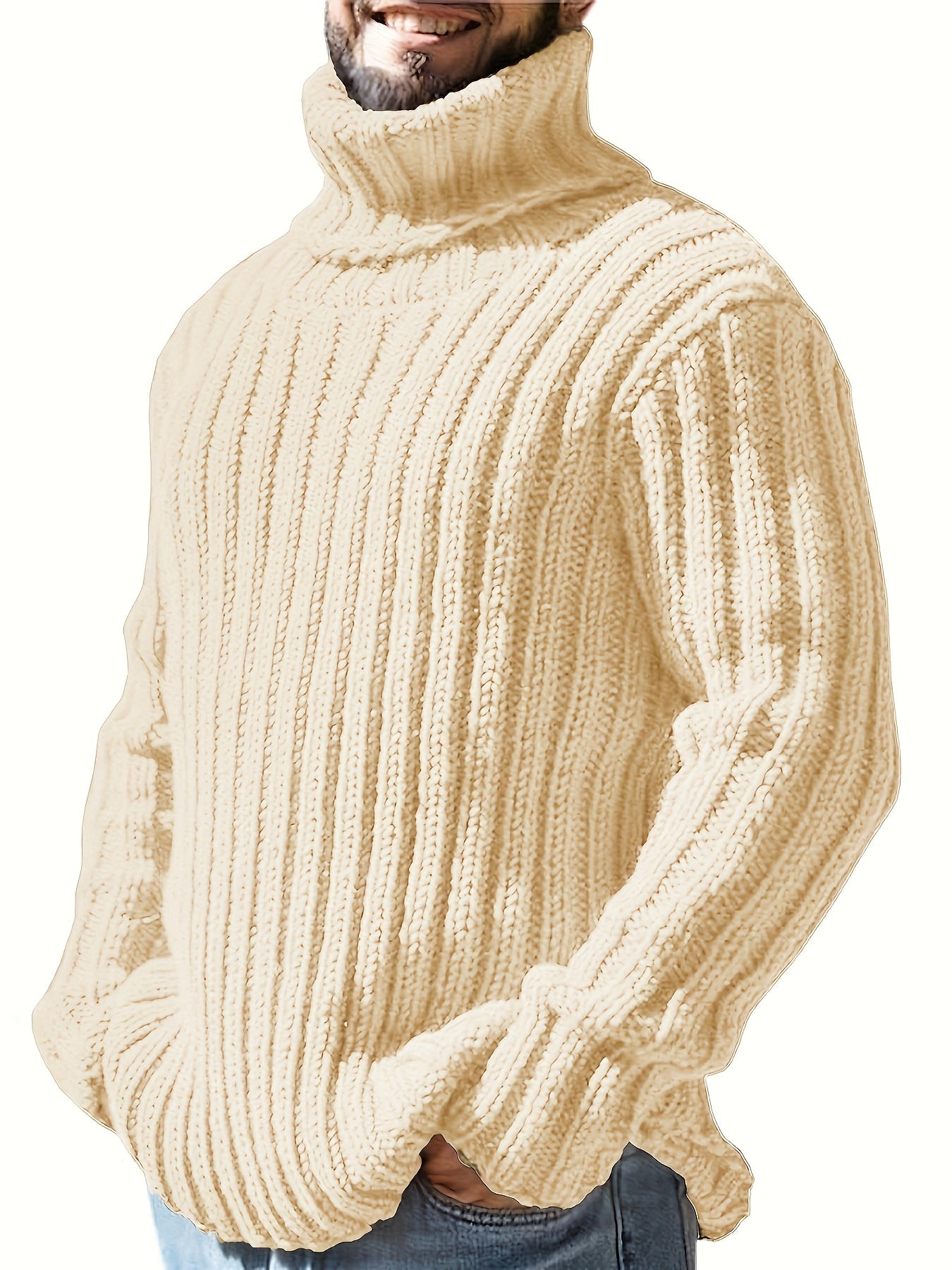 Rollkragen Strickpullover für Herren, Grobstrick, langärmelig, unifarben