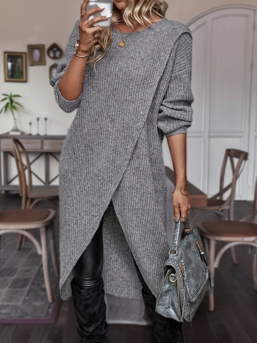 Damen Strickpullover Lang Asymmetrisch Grau V-Ausschnitt
