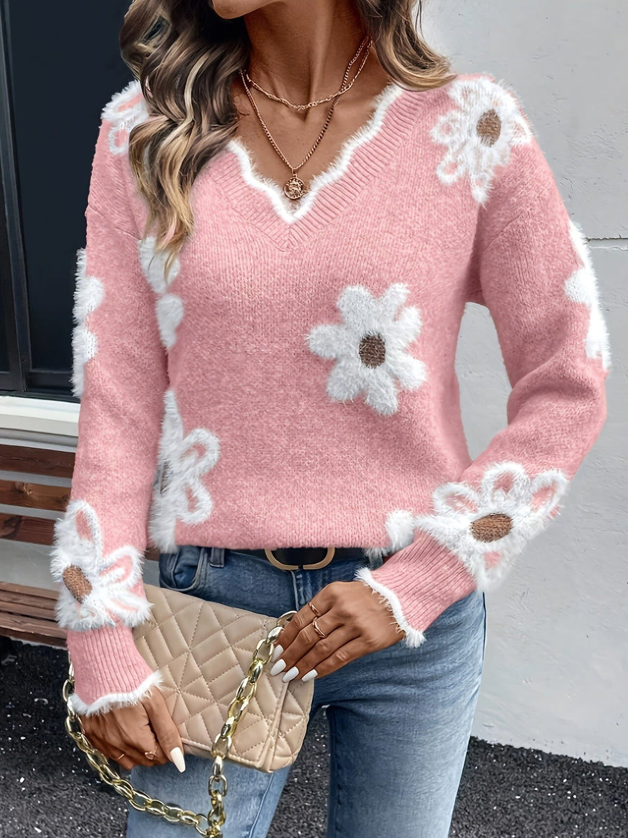 Damen Pullover mit Blumenmuster und verspieltem V-Ausschnitt – Modischer Strickpullover für Alltag und Freizeit