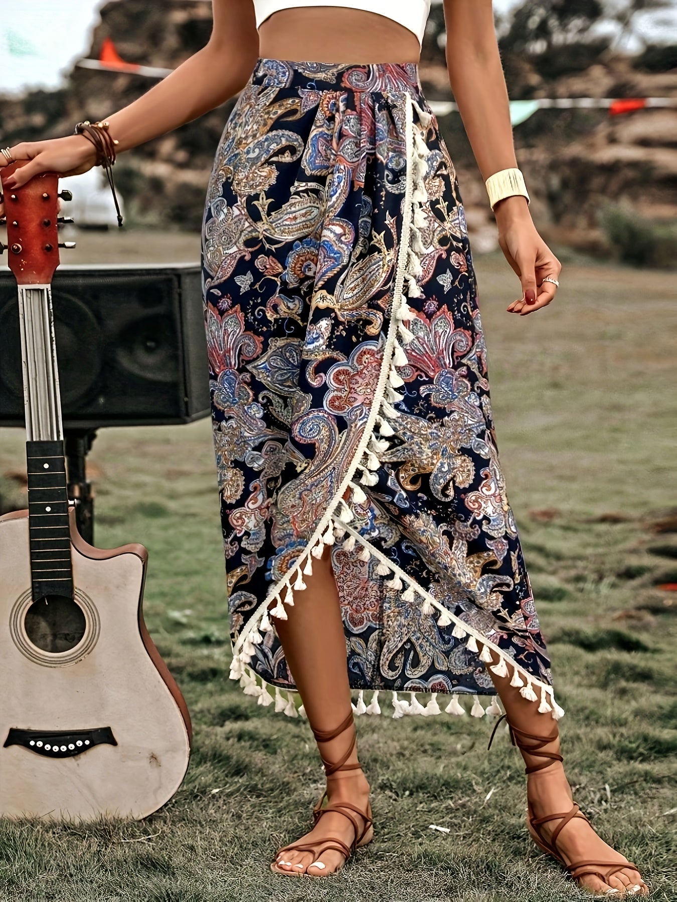 Damen Midirock Boho Wickelstil mit Paisley-Muster und Quasten für Freizeit und Festivals
