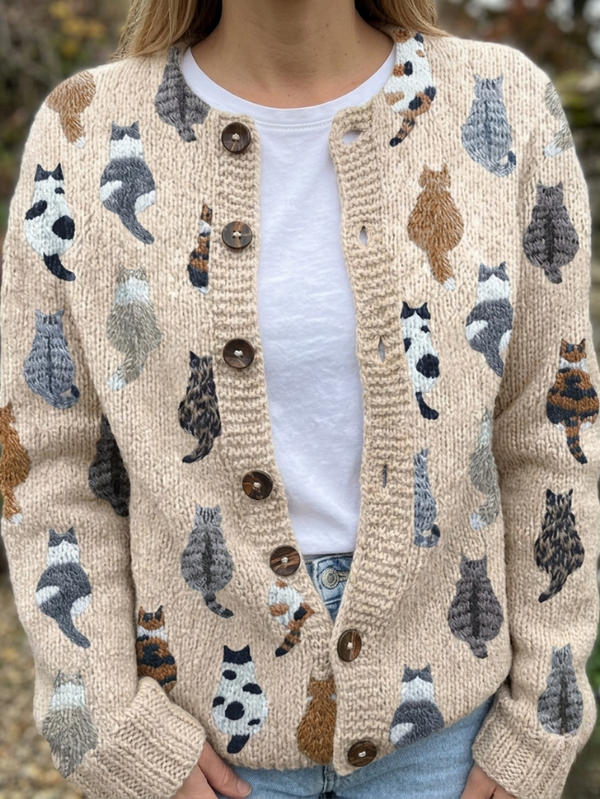 Dames gebreid vest met kattenpatroon en knoopsluiting