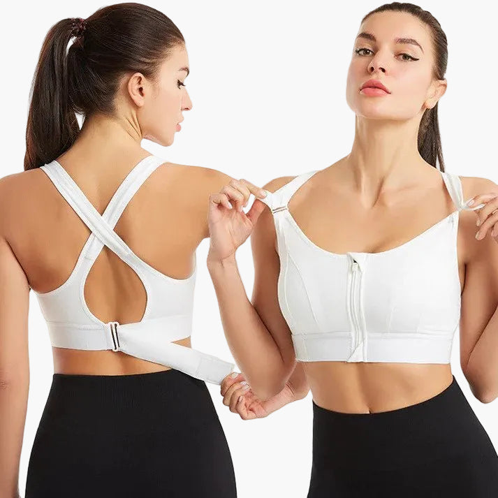 Damen Sport-BH mit Frontreißverschluss und Kreuzrücken – Starker Halt für Fitness, Yoga & Training