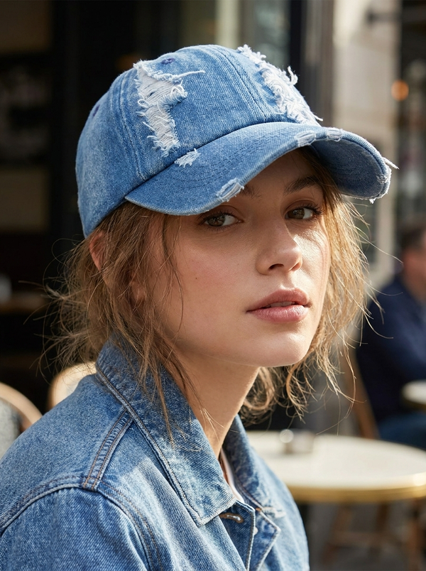 Damesbaseballpet in distressed denimlook