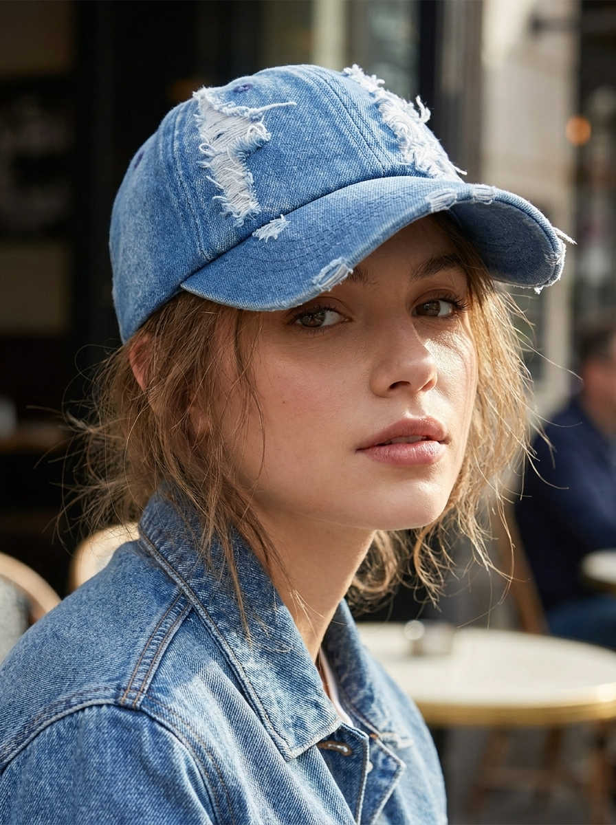 Damesbaseballpet in distressed denimlook