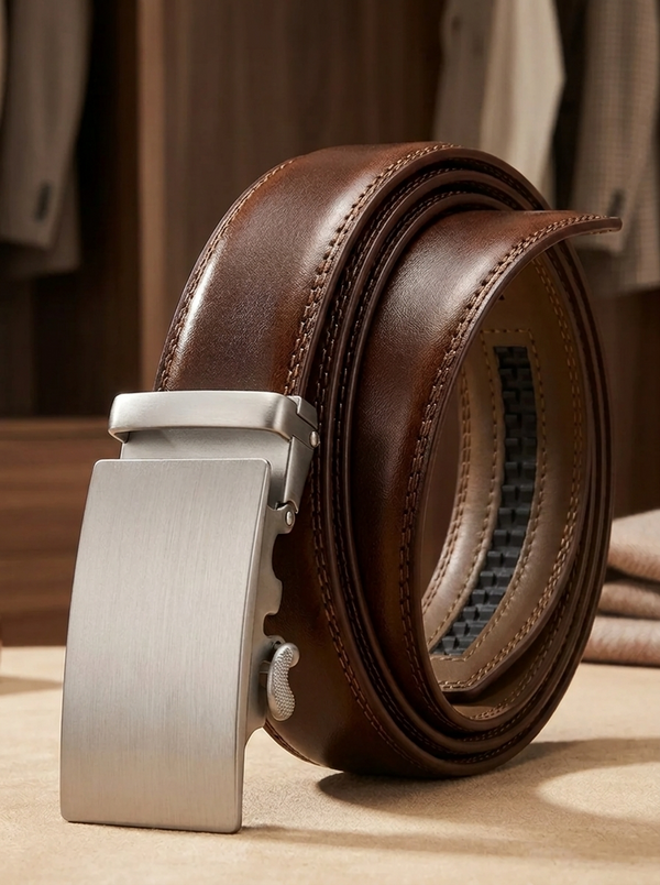 Bruine riem met automatische gesp en metalen gesp