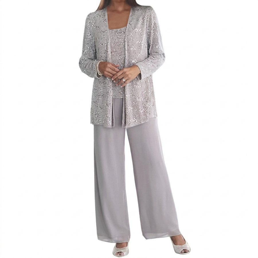 Damen 3-teiliges Set Pailletten Cardigan Top Weite Hosen Party Outfit