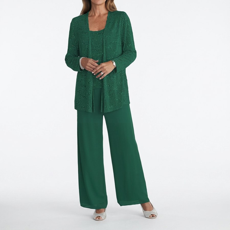 Damen 3-teiliges Set Pailletten Cardigan Top Weite Hosen Party Outfit