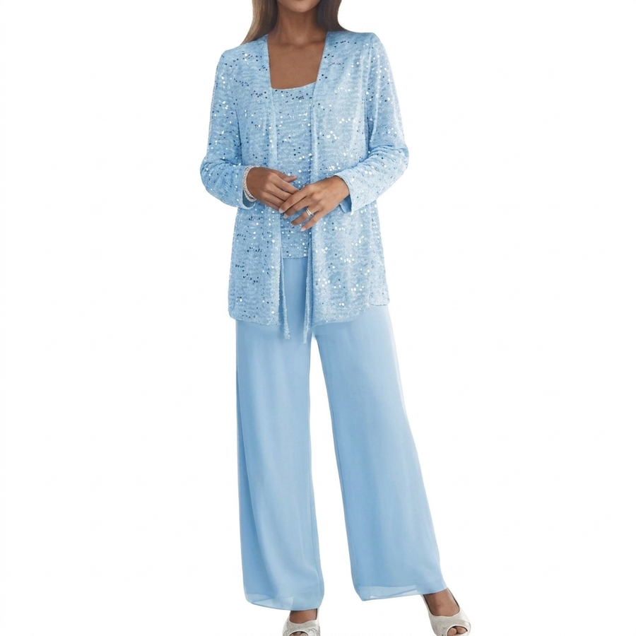 Damen 3-teiliges Set Pailletten Cardigan Top Weite Hosen Party Outfit