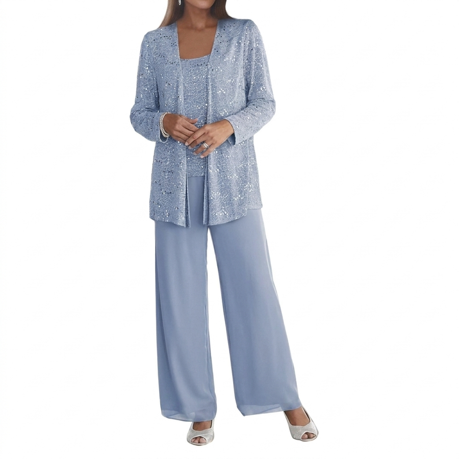 Damen 3-teiliges Set Pailletten Cardigan Top Weite Hosen Party Outfit