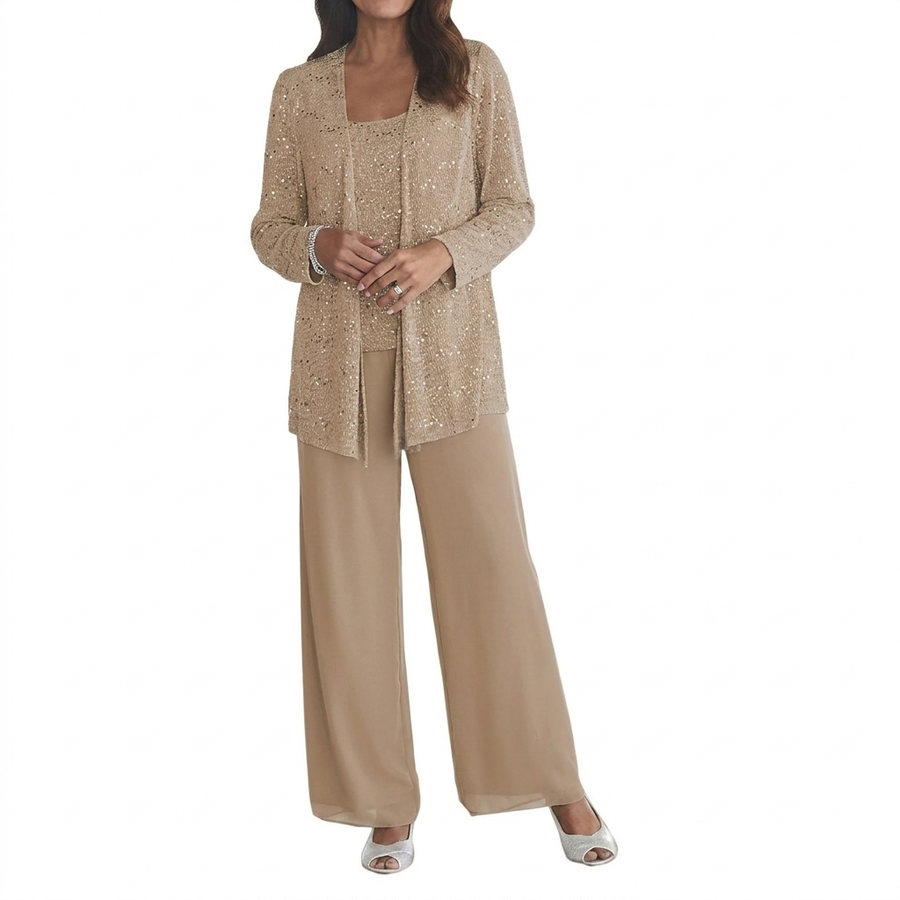Damen 3-teiliges Set Pailletten Cardigan Top Weite Hosen Party Outfit