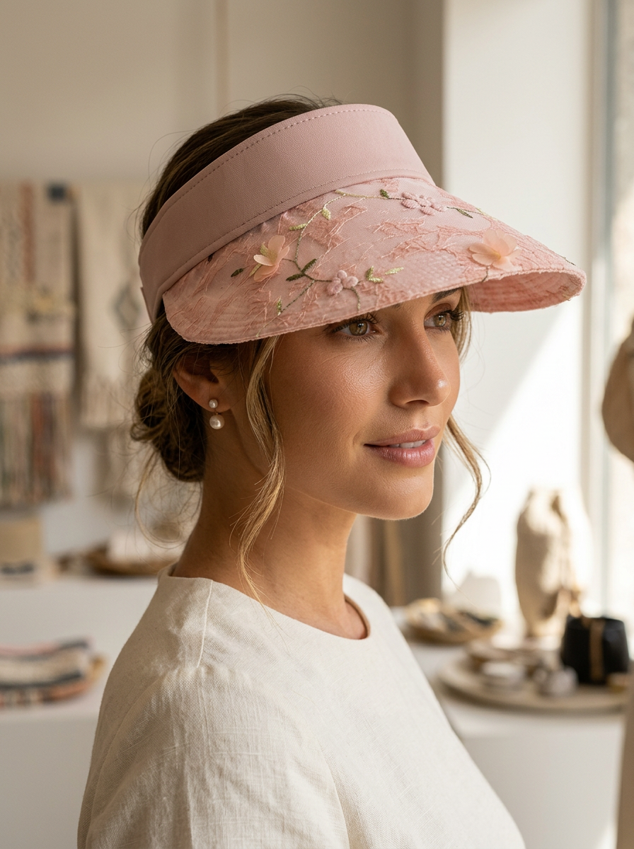 Damen Sonnenblende mit Blumenstickerei & breitem Rand, verschiedene Farben