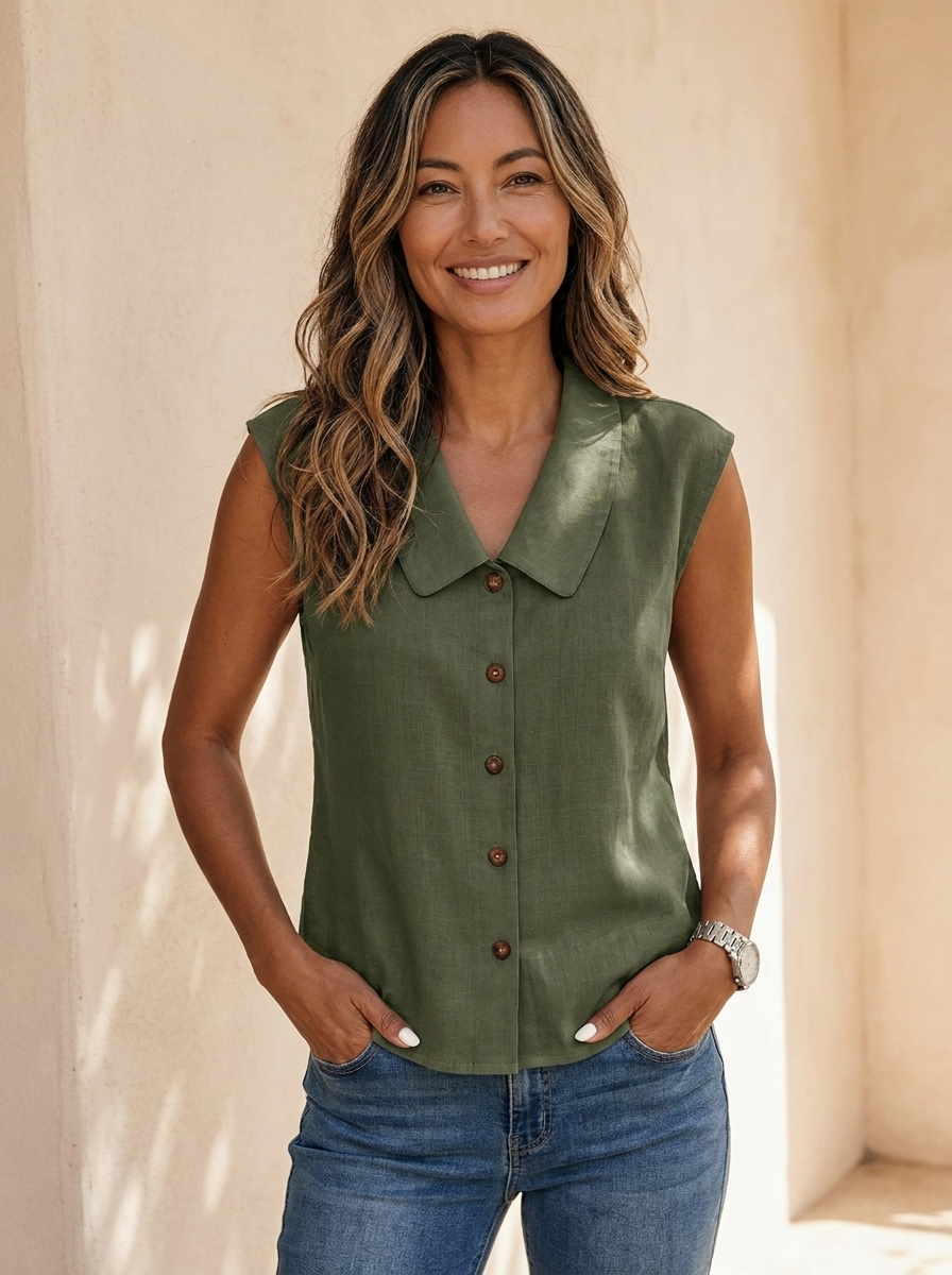 Damesblouse zonder mouwen met ronde hals en knoopsluiting