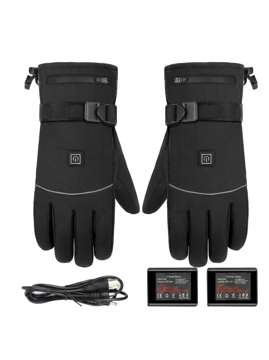 Beheizte Winterhandschuhe Schwarz mit Klettverschluss und USB-Ladeanschluss