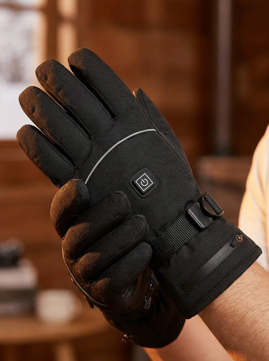 Beheizte Handschuhe Schwarz mit Klettverschluss und Reißverschlusstasche