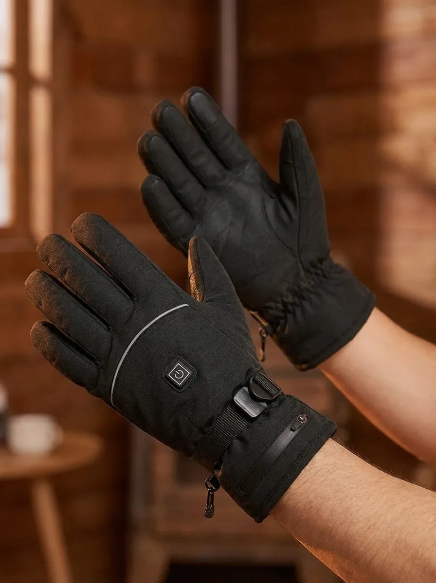 Beheizte Handschuhe Schwarz mit Klettverschluss und Reißverschlusstasche
