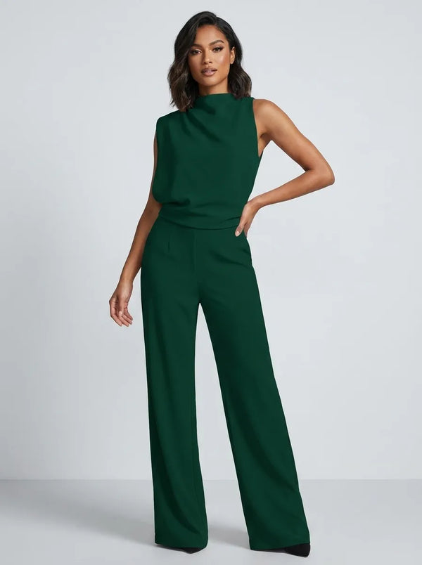 Damen Ärmelloser Jumpsuit mit Wasserfallausschnitt und weitem Bein