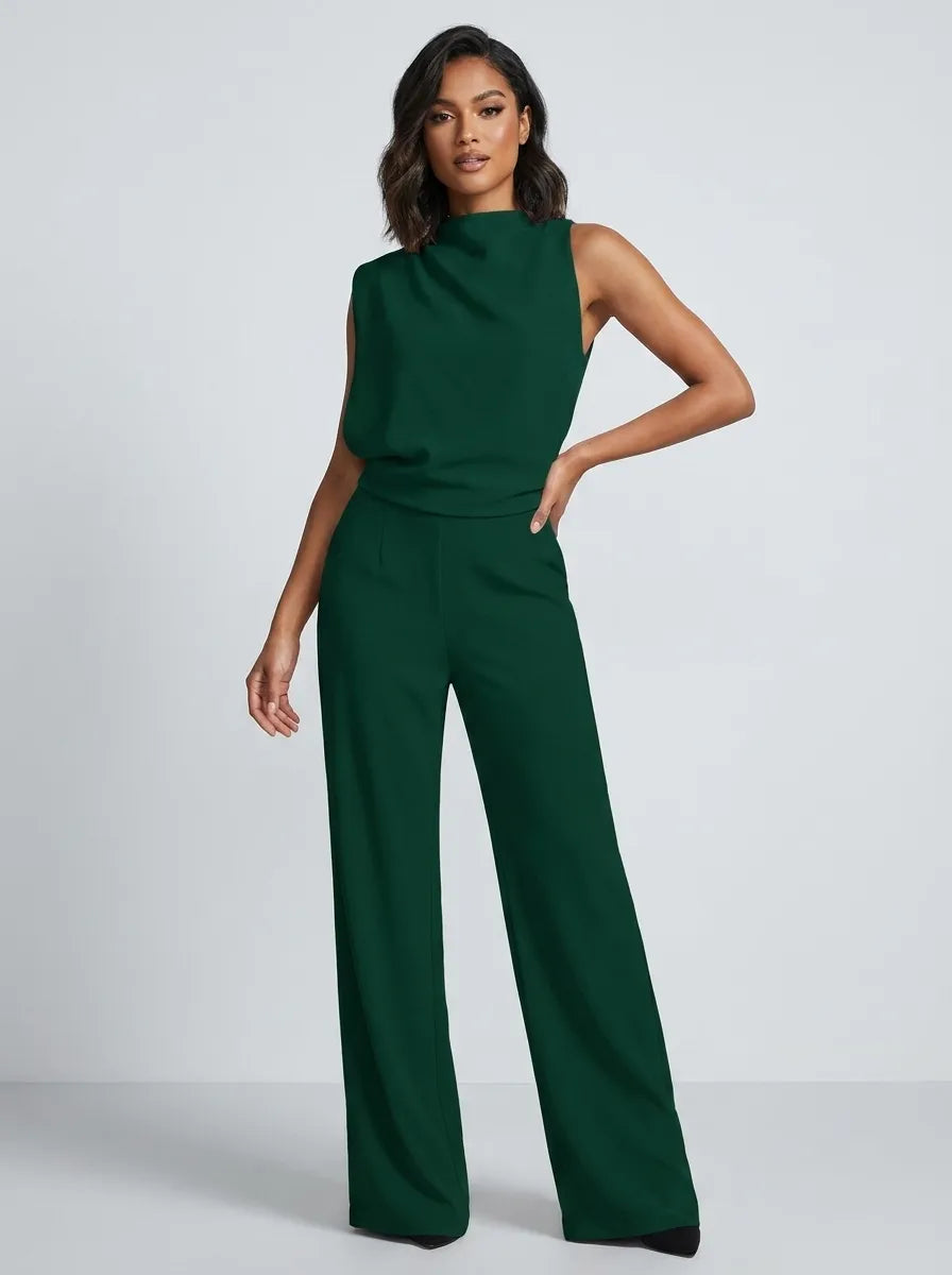 Dames jumpsuit zonder mouwen met watervalausschnitt en wijde pijpen