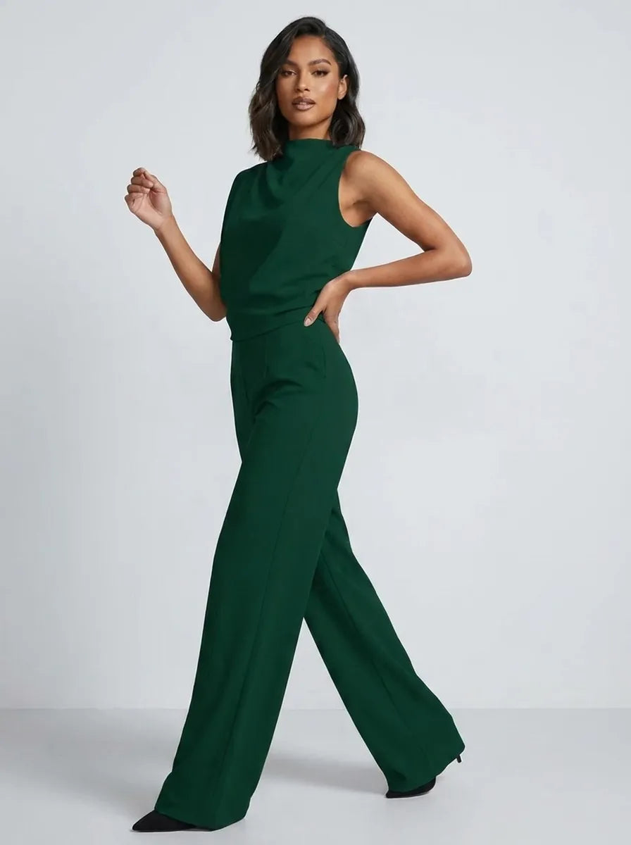 Dames jumpsuit zonder mouwen met watervalausschnitt en wijde pijpen