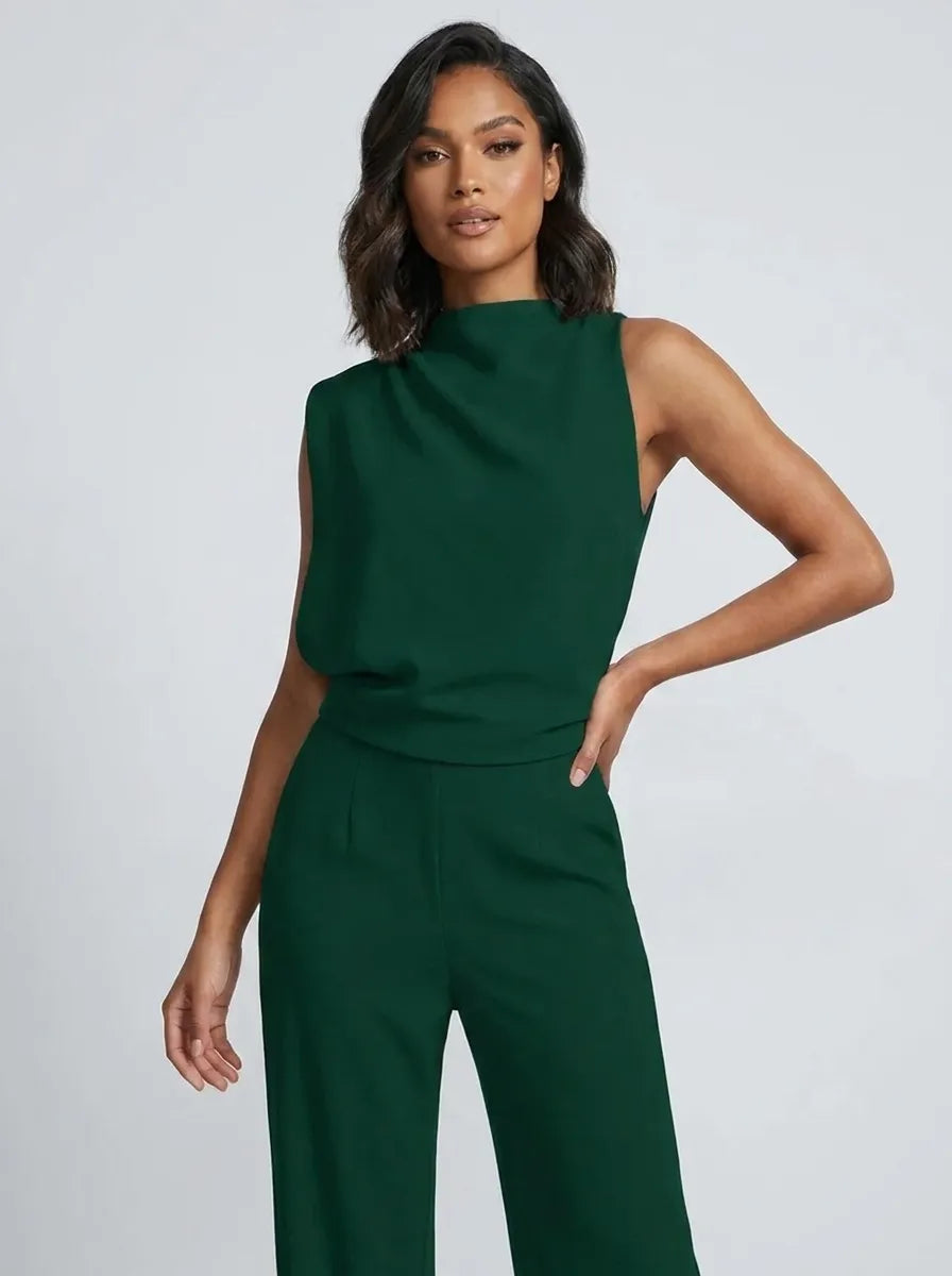 Dames jumpsuit zonder mouwen met watervalausschnitt en wijde pijpen