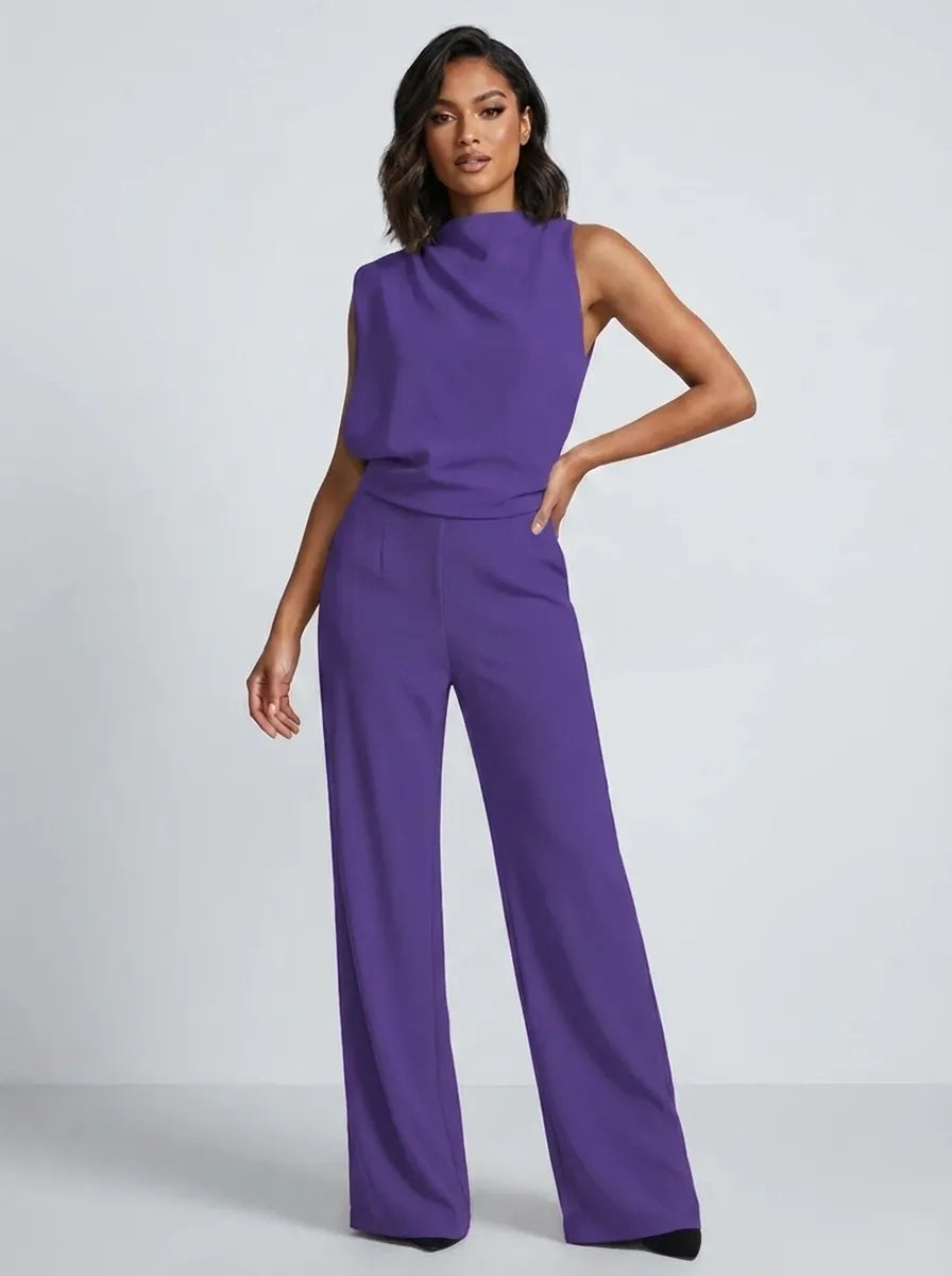 Dames jumpsuit zonder mouwen met watervalausschnitt en wijde pijpen