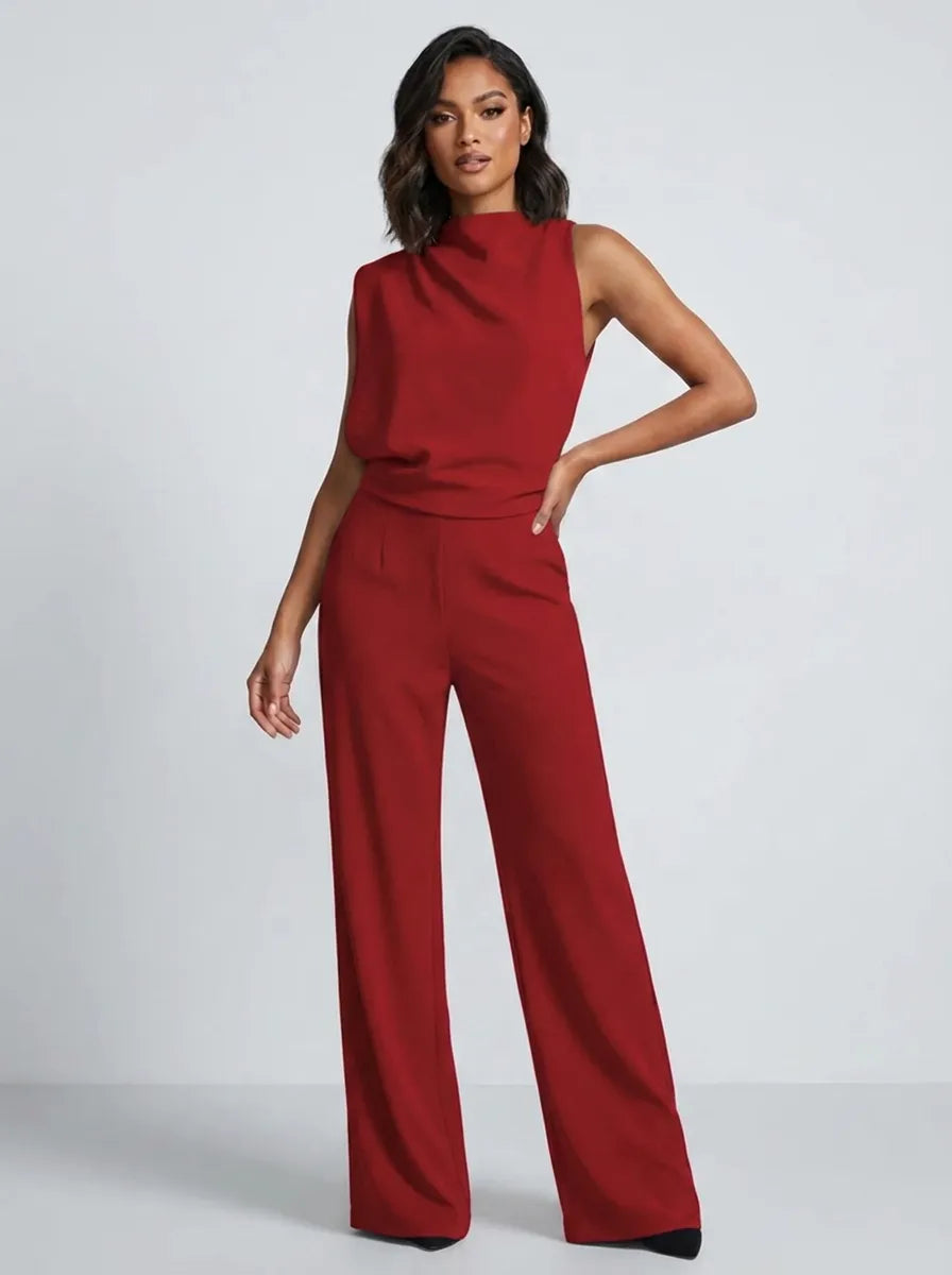 Dames jumpsuit zonder mouwen met watervalausschnitt en wijde pijpen
