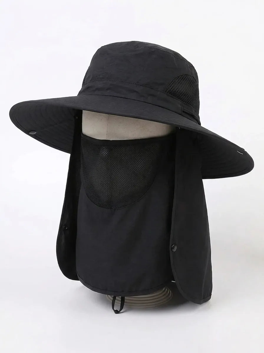 Unisex Sonnenhut mit Nackenschutz und Gesichtsmaske, breiter Krempe und Belüftung