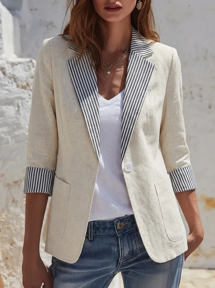 Damen Leichter Blazer Beige mit Gestreiftem Futter und 3/4 Ärmeln