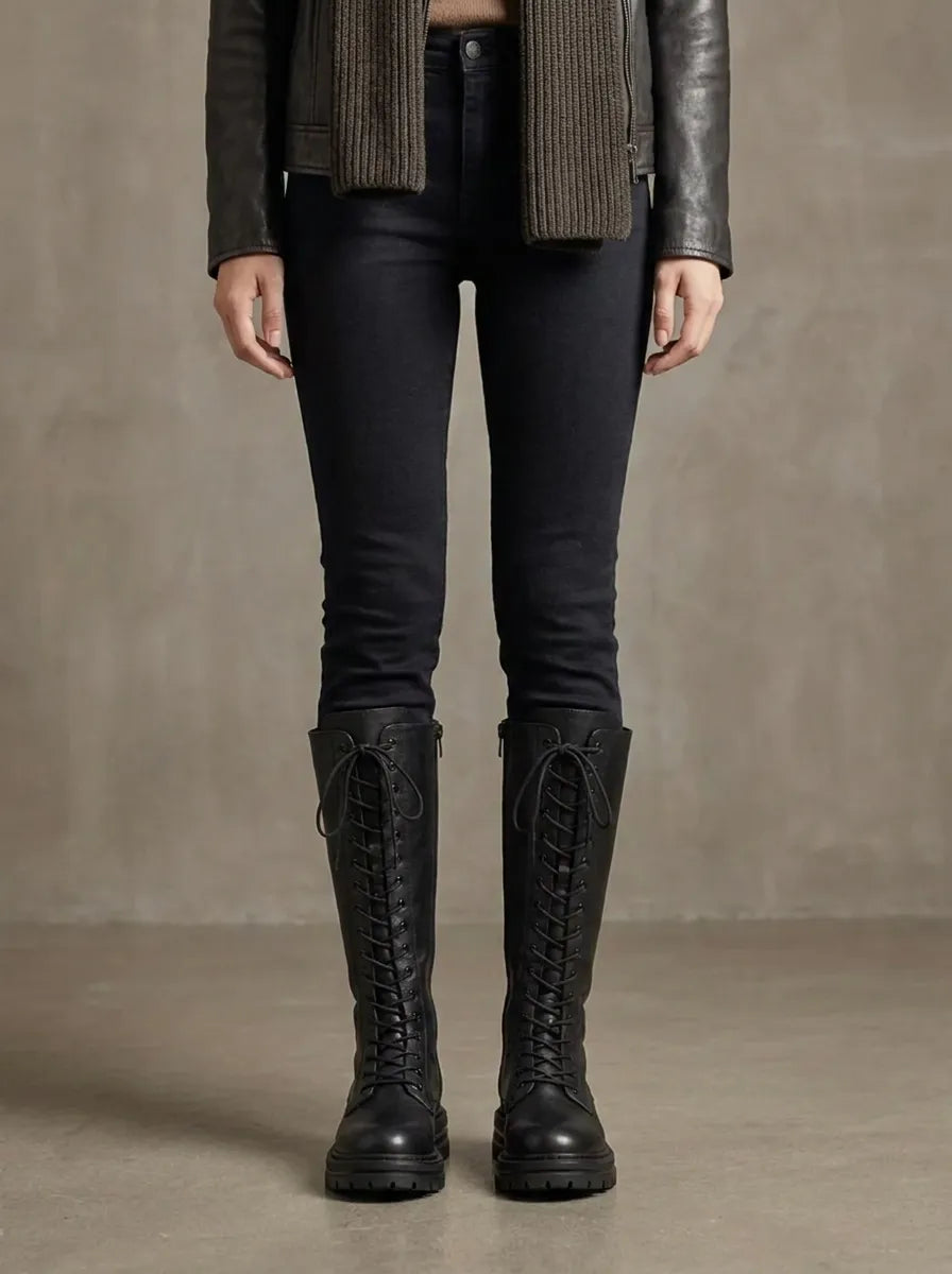 Schwarze kniehohe Schnürstiefel für Damen mit Profilsohle