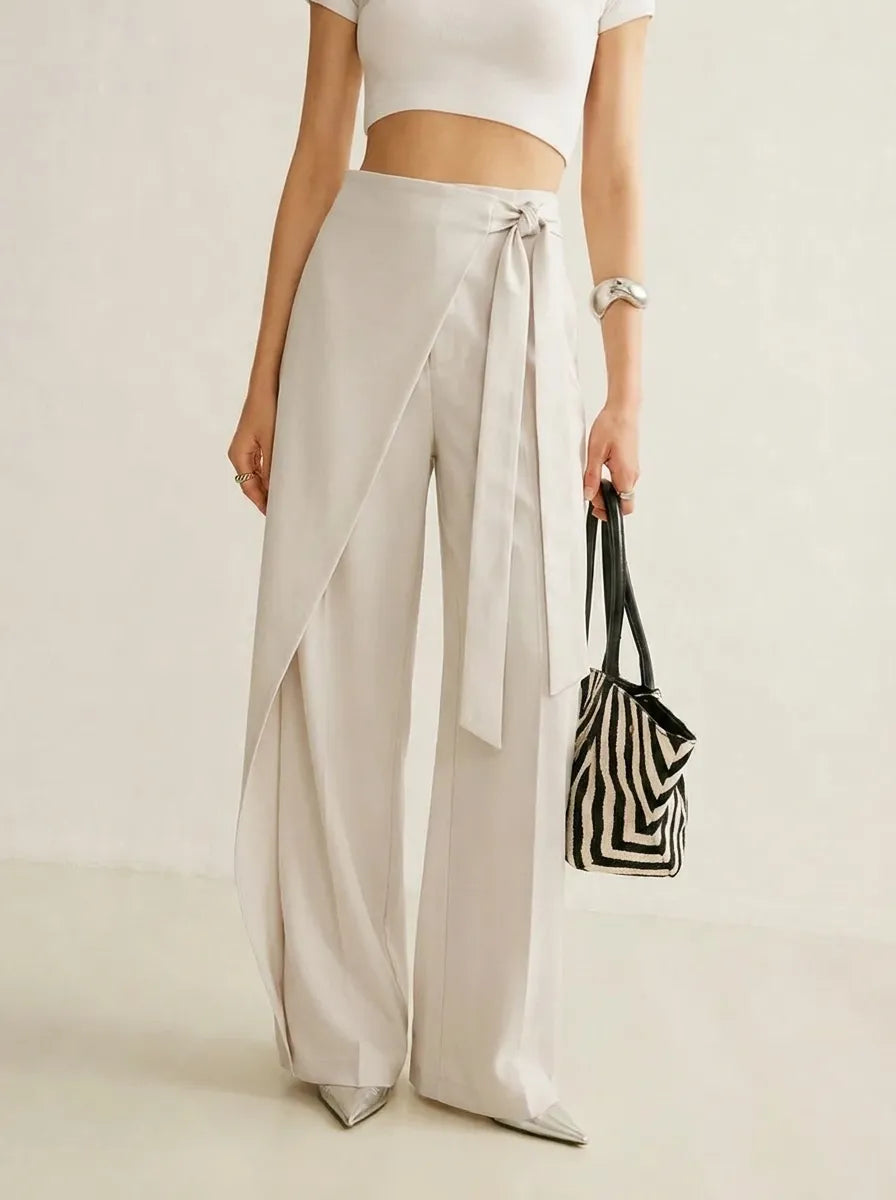 Damen Wickelhose Weites Bein mit Bindegürtel Elegante High-Waist-Hose