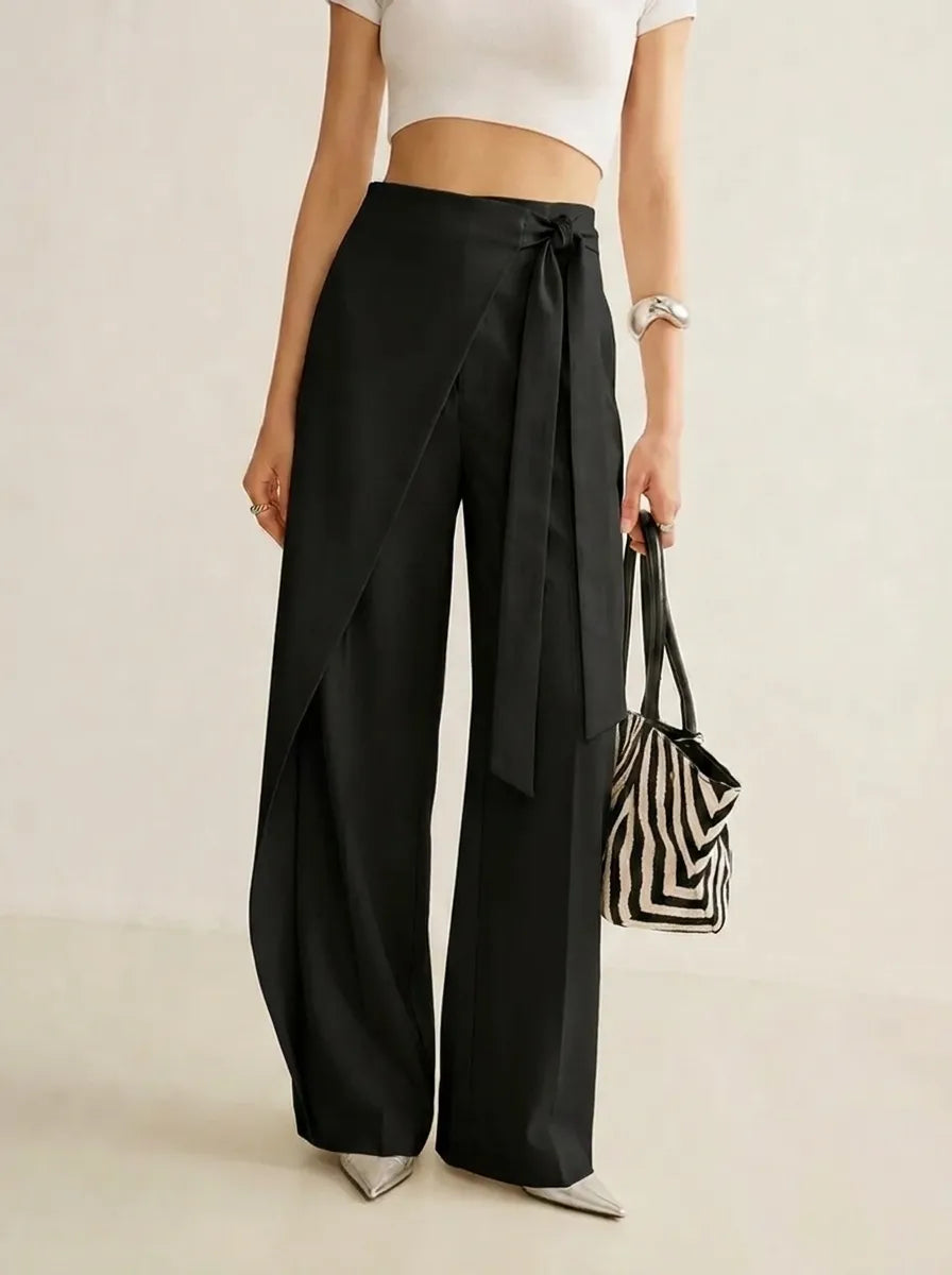 Damen Wickelhose Weites Bein mit Bindegürtel Elegante High-Waist-Hose
