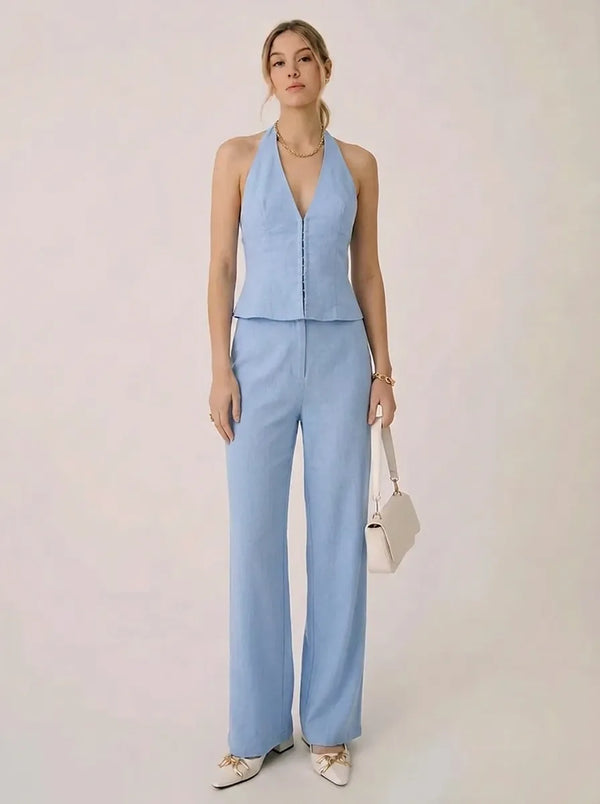 Damen Neckholder Top & Weite Hose Zweiteiler Set