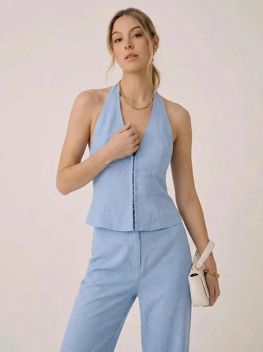 Damen Neckholder Top & Weite Hose Zweiteiler Set