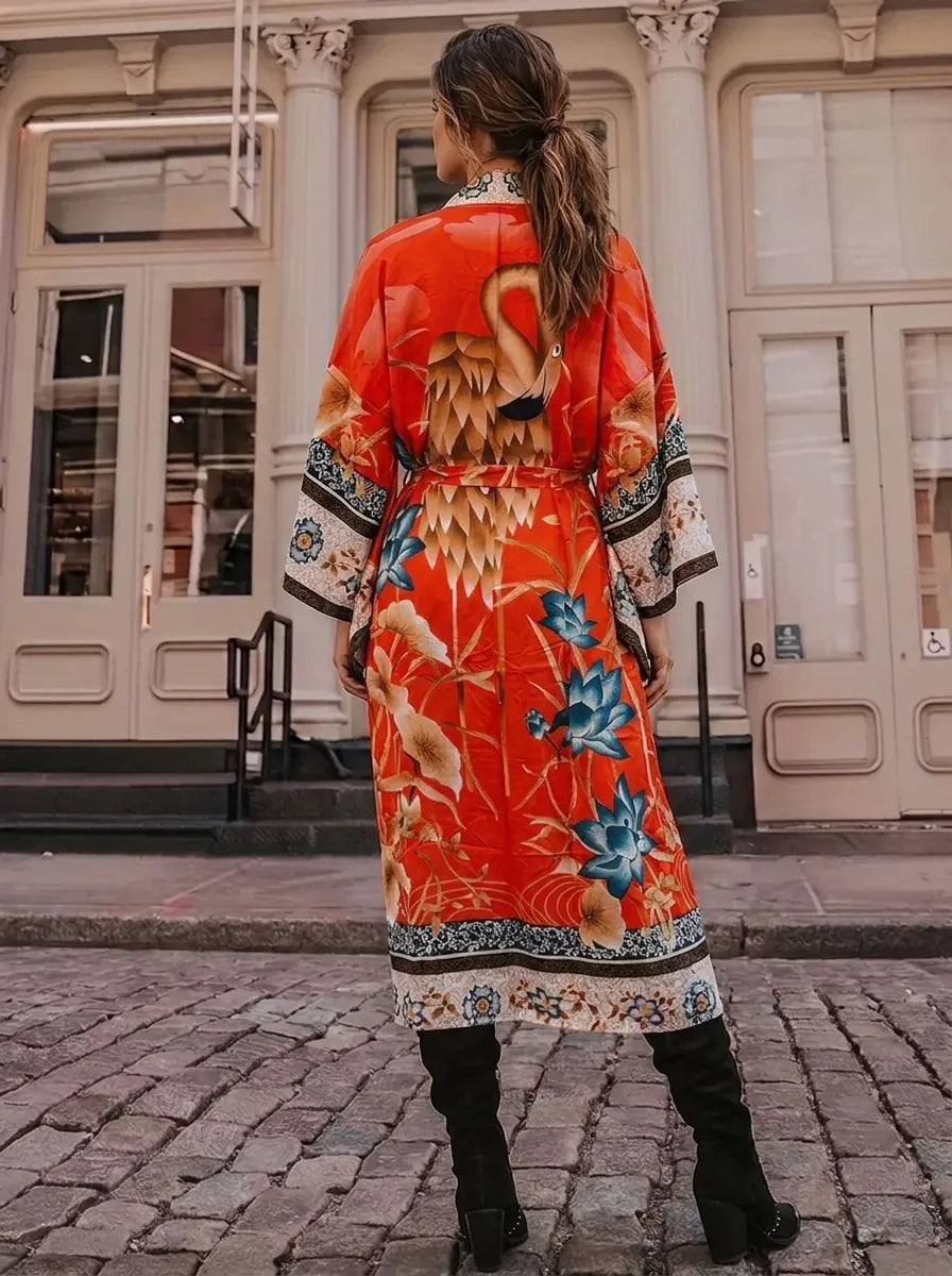 Damen Kimono-Robe mit floralem Muster und Bindegürtel